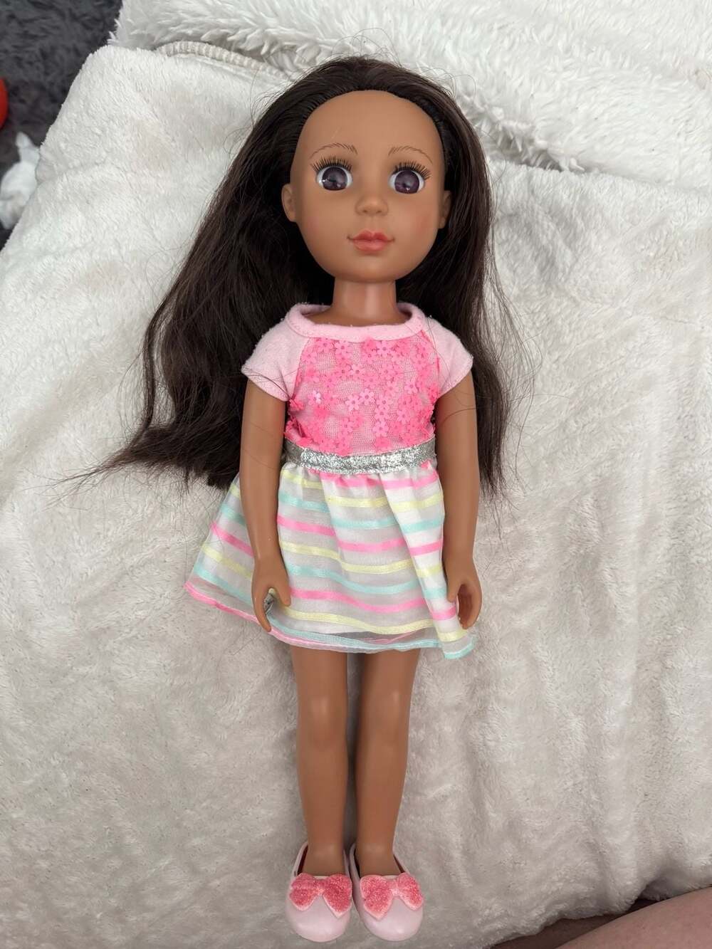 Glitter Girls 14-Inch Fashion Doll with Dark Hair and Sequin Striped Dress